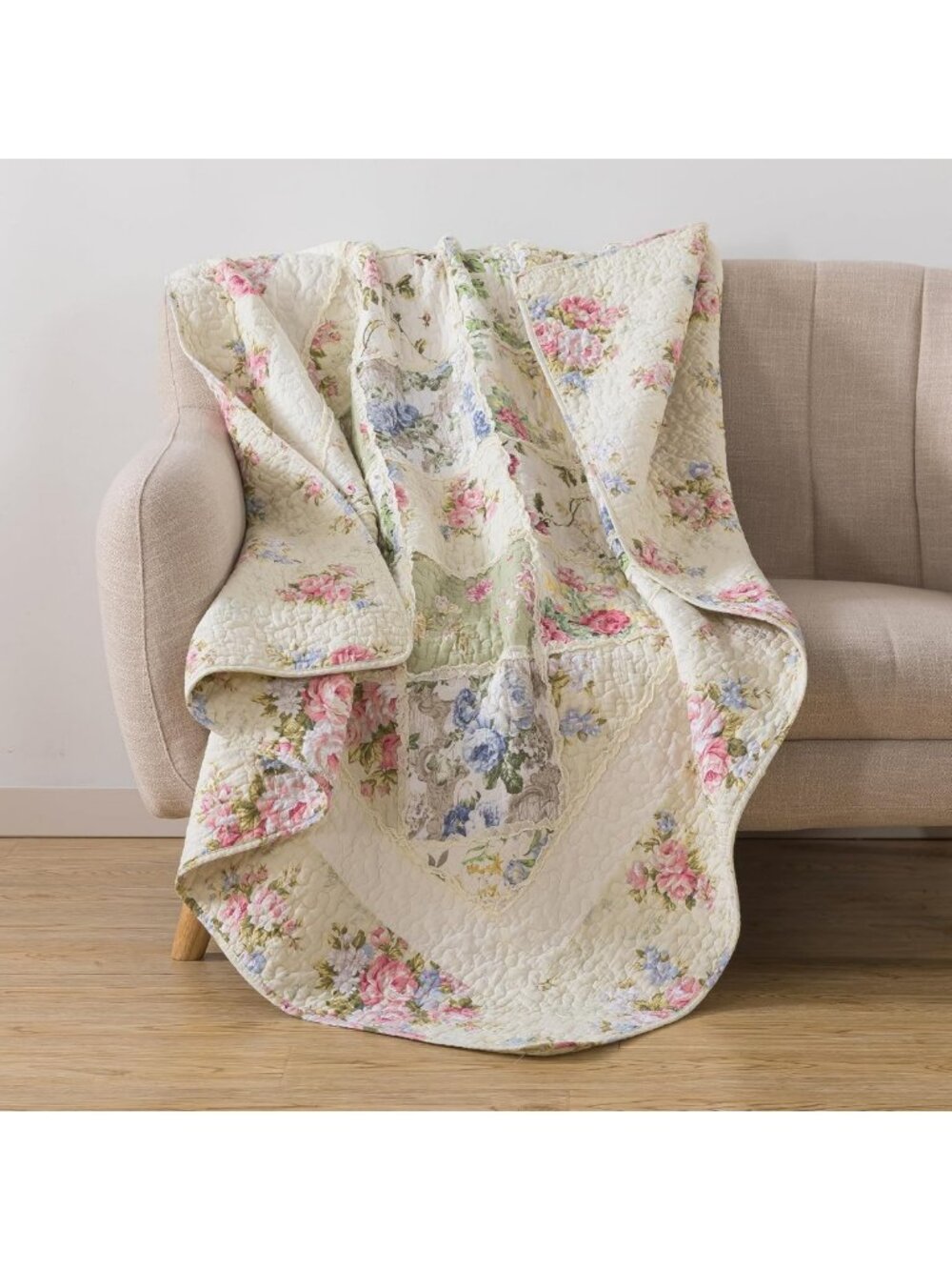 Floral Cotton Quilted Throw Blanket - English Garden Design, 50" x 60" Cozy Home